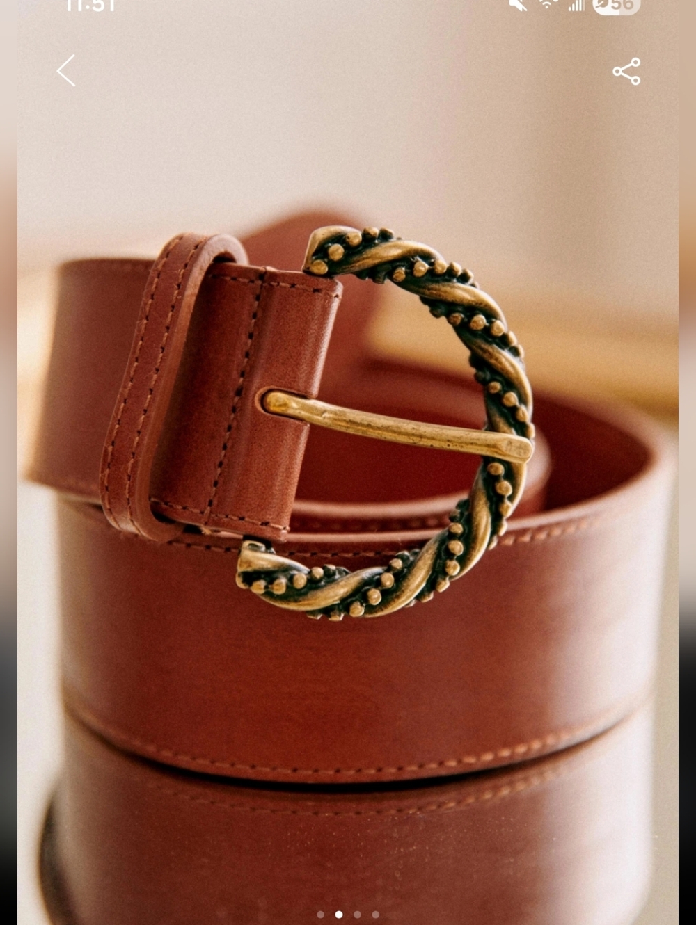 Sézane Ava Brown Leather Belt with Twisted Brass Buckle Sz 80